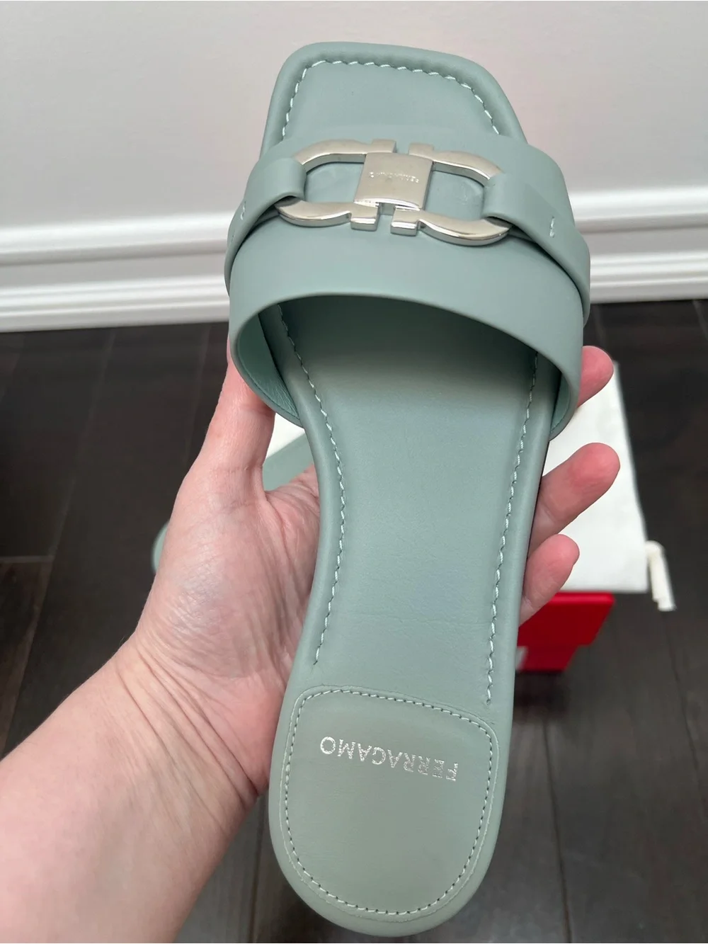 Salvatore Ferragamo Women's Leah Lucky Charm Gancini Slides, Mint Green, 7 C
